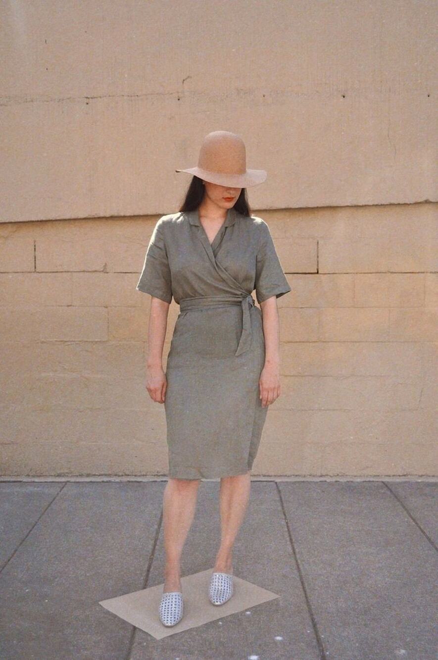 rachael harrah Linen Wrap Olive Green Dress S